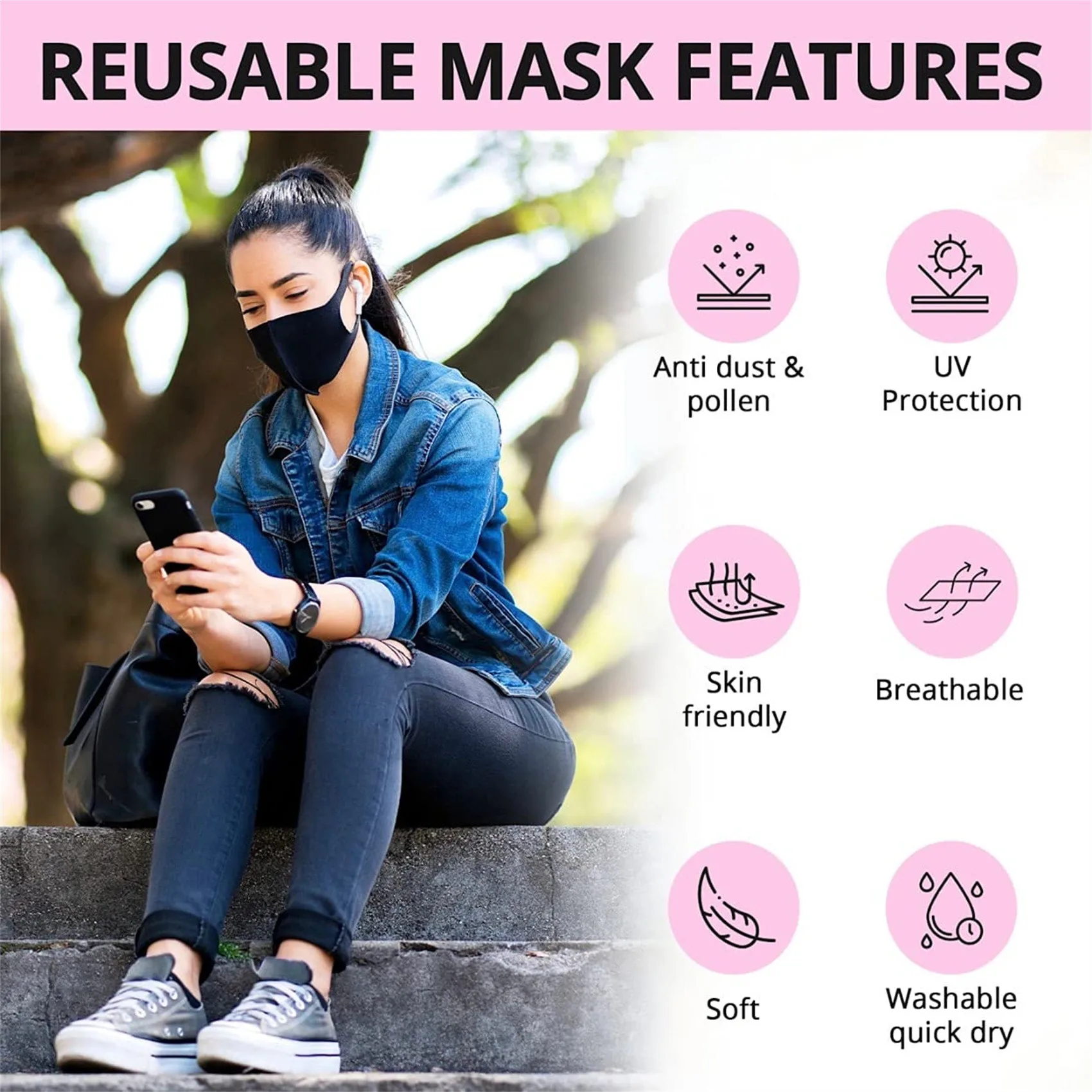 Sun Protection Face Mask for Men Women Spring Summer Black Earloop Mask Breathable Block Droplets Elastic Washable Face Mask