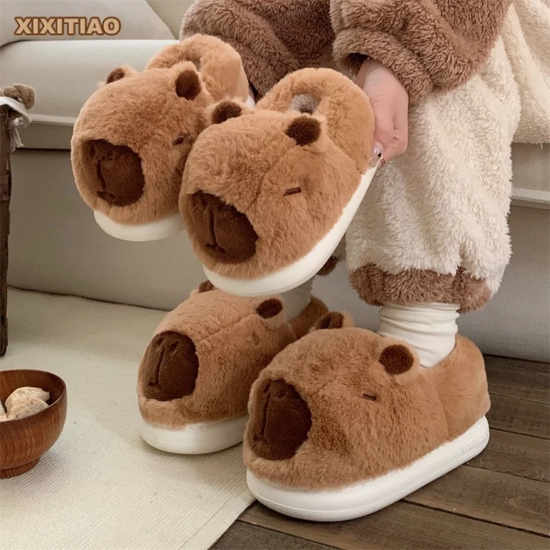 

Winter Warm stereoscopic capybara Shoes Women Cartoon Plush Slippers Thick Furry Ankle Wrap Men Lady Couple Home Cotton Shoes