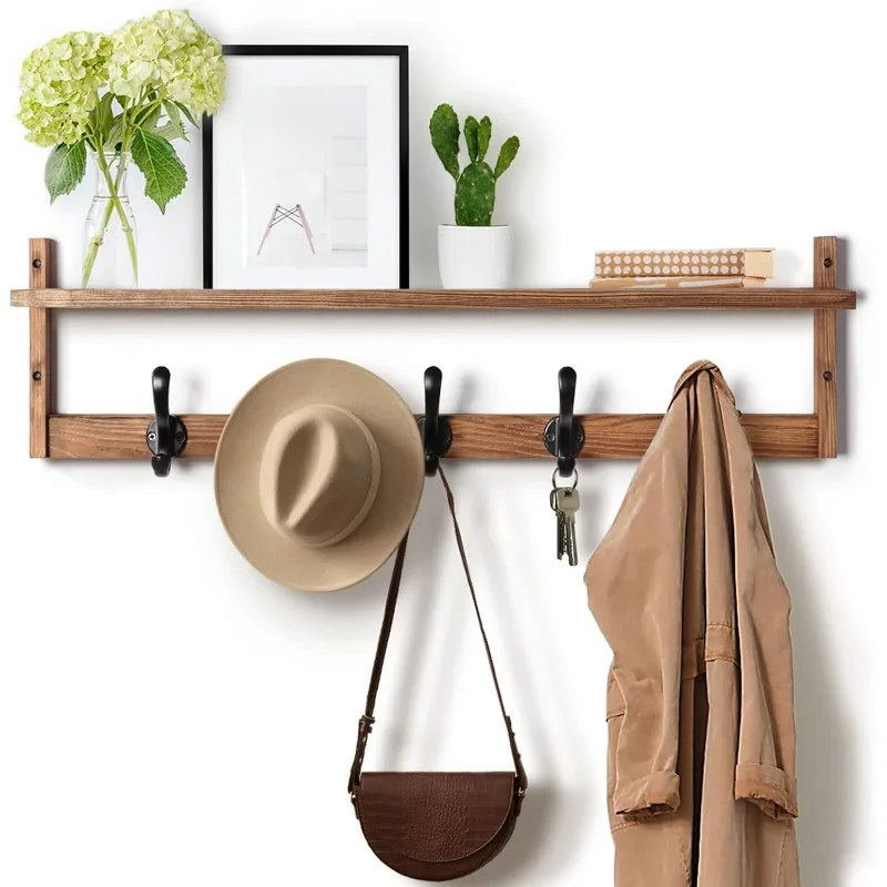 29'' Coat Rack Wall Mount with Shelf, Wood Wall Hooks with Storage, Entryway Shelf with 5 Hangers for Bathroom, Living Room,