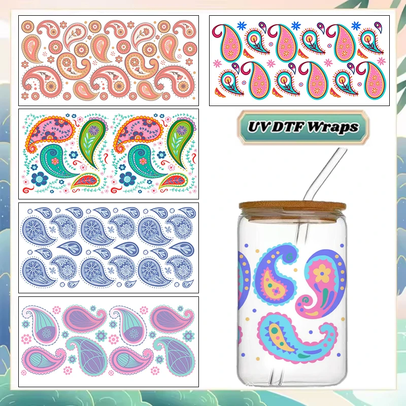 Colorful Paisley Pattern UV DTF Wraps Vintage Floral Swirl Stickers Waterproof DIY Decals for 16oz Libbey Glass Cans