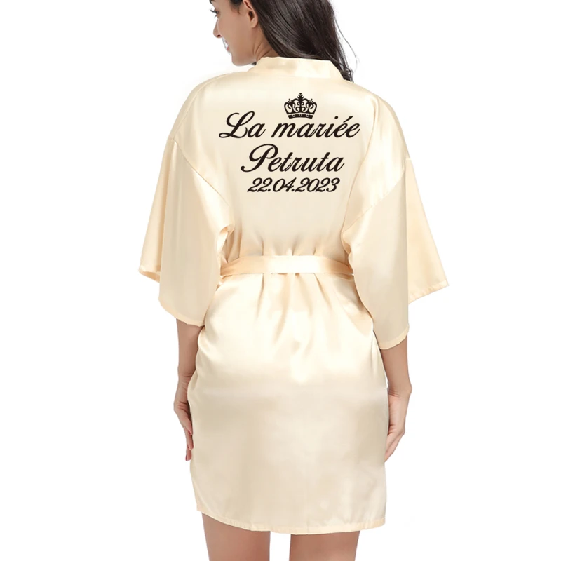 Aangepaste logo bruiloft datum naam badjas kunstzijde bruids gewaad bruid bruidsmeisje bruiloft gewaden vrouw Bachelorette Preparewear - afbeelding 1