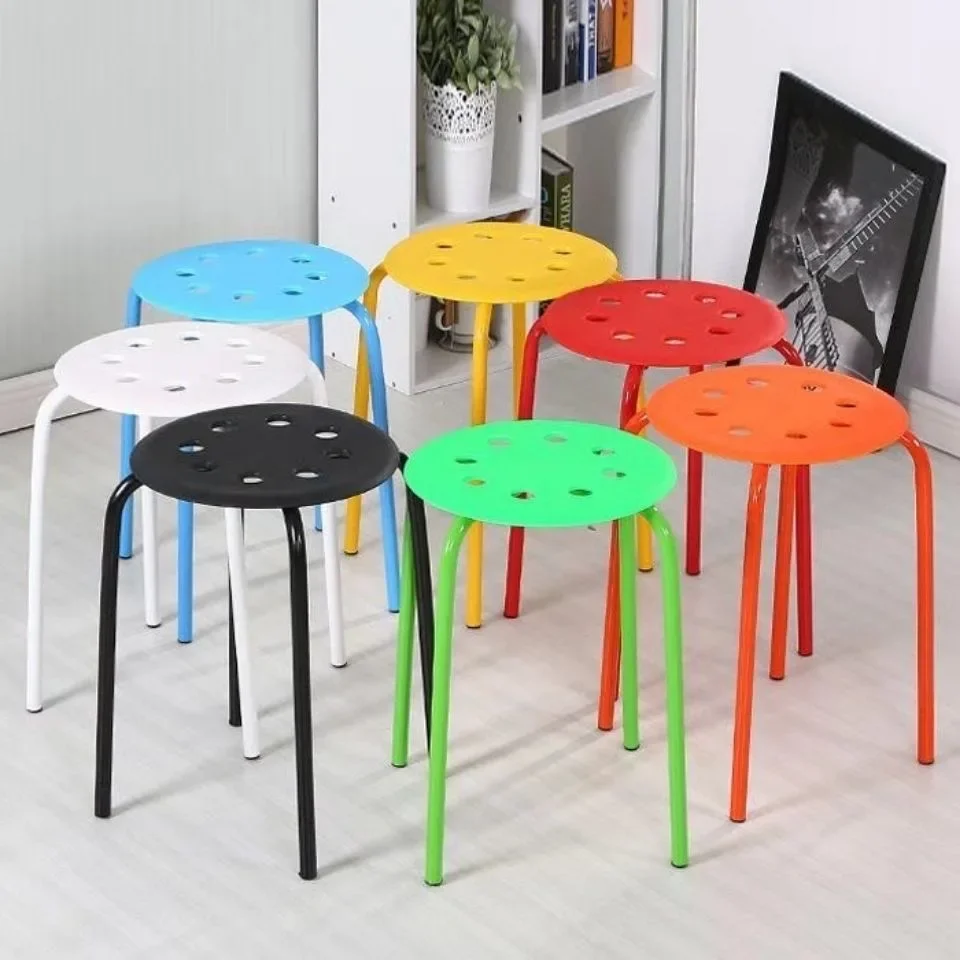 Household color round stool 8-hole steel tube stool stackable plastic seat simple design