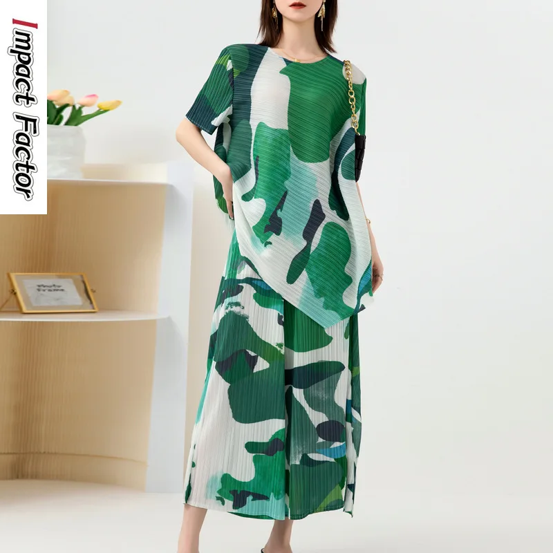 

Miyake Pleated Fashion Set 2024 Spring/Summer New Western Style Print Large Size Slim Wide Leg Pants Two Piece Set for Women