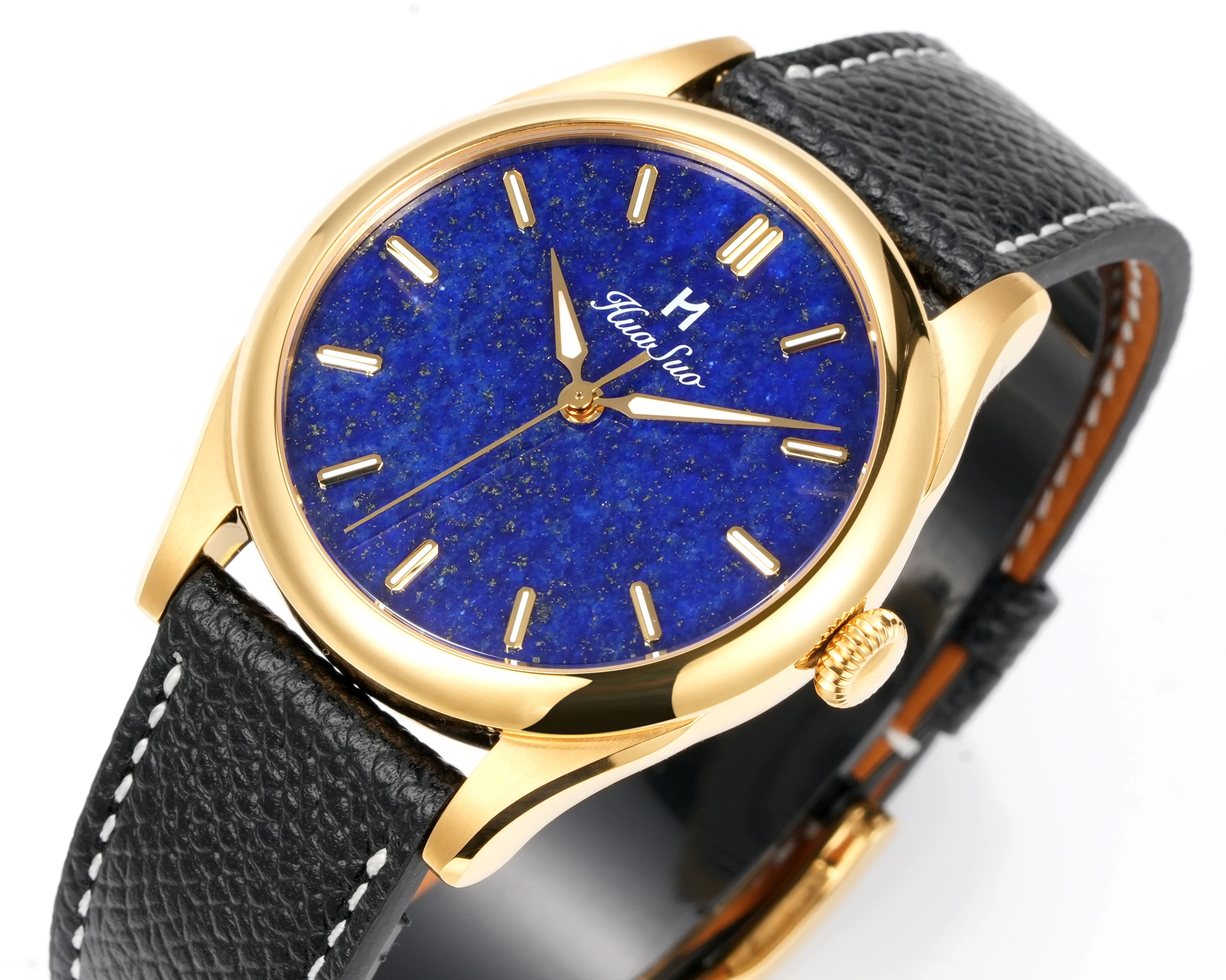 HUASUO 38mm Natural Lapis Lazuli Dial Men Watch PT5000 Automatic Mechanical Waterproof Luxury Genuine Leather Luxury Wristwatch
