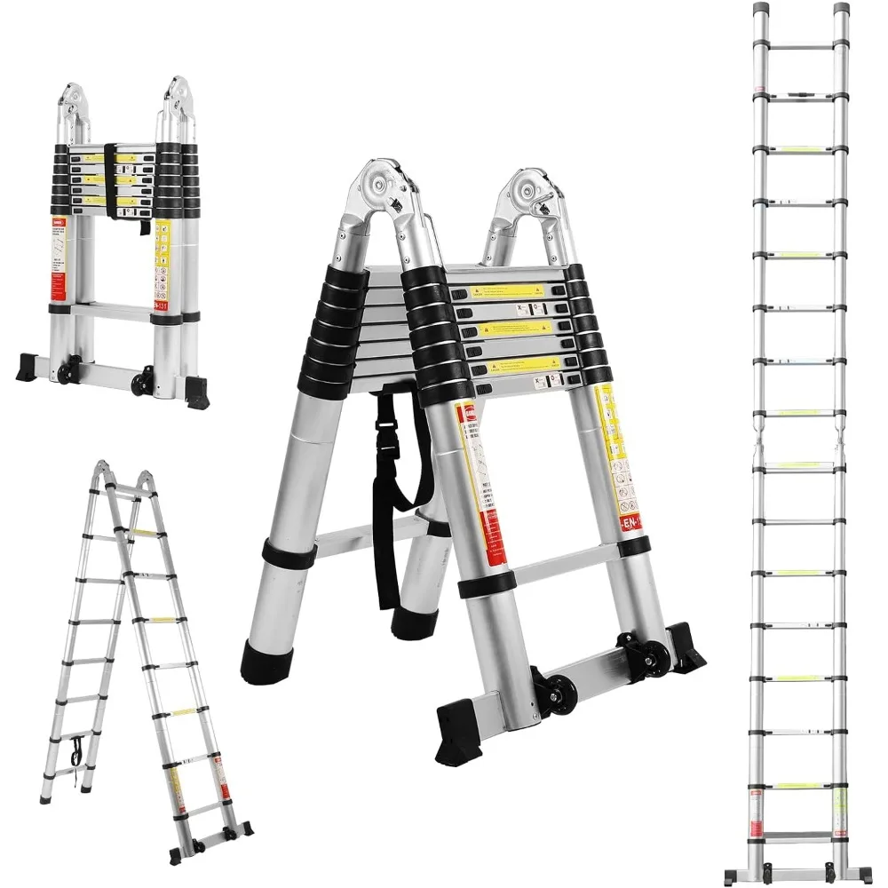 

Telescoping Extension Ladder, 16.5FT Telescoping A Frame Ladder with Balance Bar and Movable Wheel,Household Use