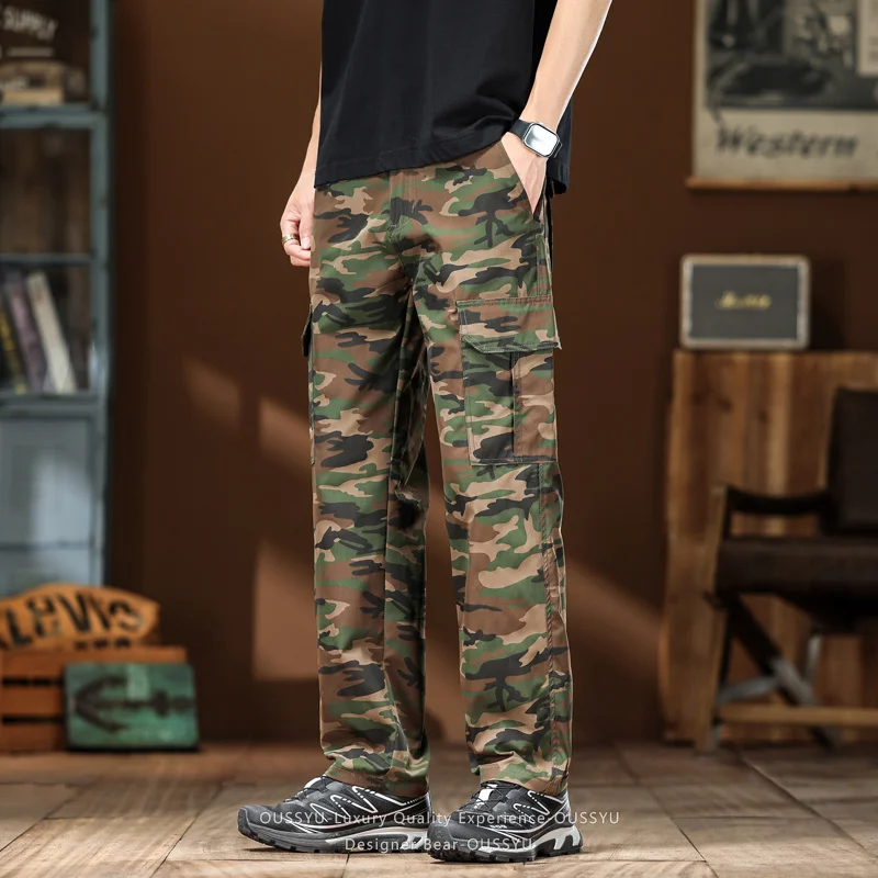 Spring Summer Men's Camo Cargo Pants Elastic Waist Baggy Straight Trousers Outdoor Tactical Work Desert Camouflage Pants Man view 4