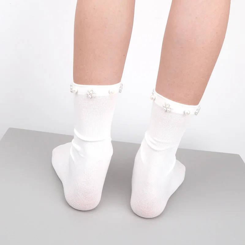 1 Pair Fashion Women Socks With Pearl Korea Style Loose Long Soft Solid Color White Socks Gift For Girls 24 Original Autumn New