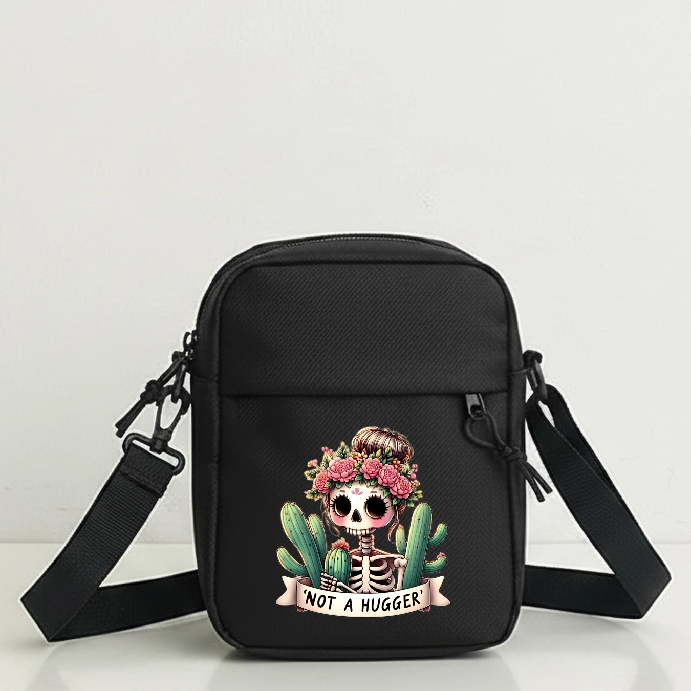 Skull Floral Cactus Crossbody Shoulder Bag for Men Adjustable Strap Multi Pocket Purse for Travel Cycling Outdoor Sports Walking