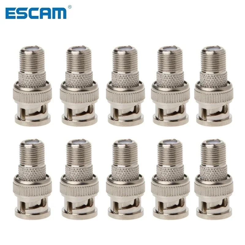 Plugue BNC macho para F fêmea Jack, conector coaxial adaptador para transmissão de câmera CCTV e cabos, 10pcs por conjunto