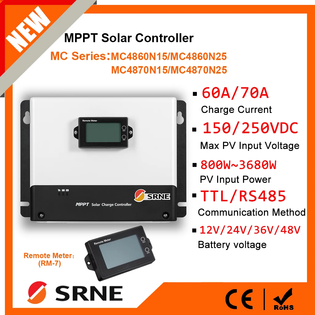 Srne Mppt Controlador Solar pv Regulador Auto Match para Lifepo4 Lithium Gel Chumbo Ácido 60a 70a pv Max Entrada 250v dc 12v 24v 36v 48v