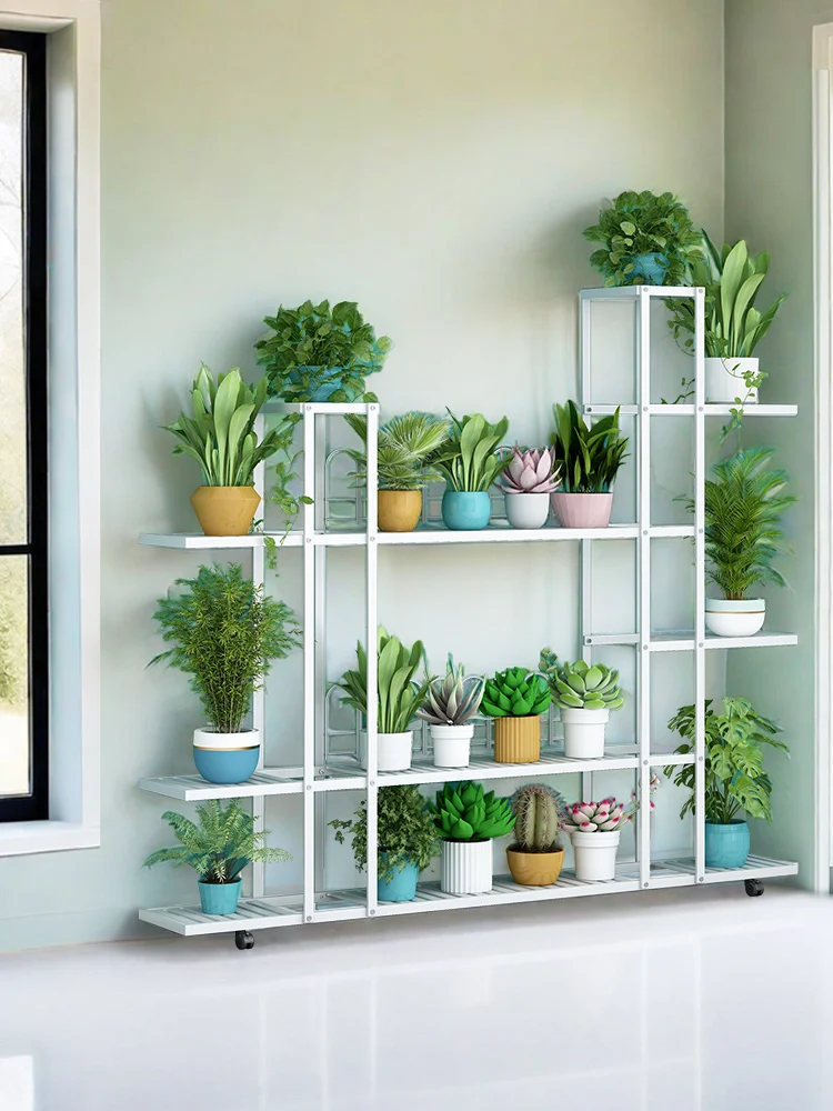 Flower rack, multi story living room, floor standing storage rack, balcony layout, iron movable wheeled succulent green