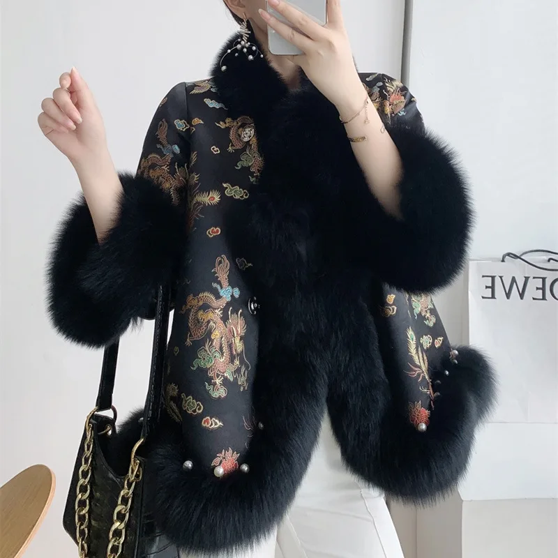 2024 new Chinese style fur coat down jacket women's winter style nail bead Tang suit fox fur cloak coat