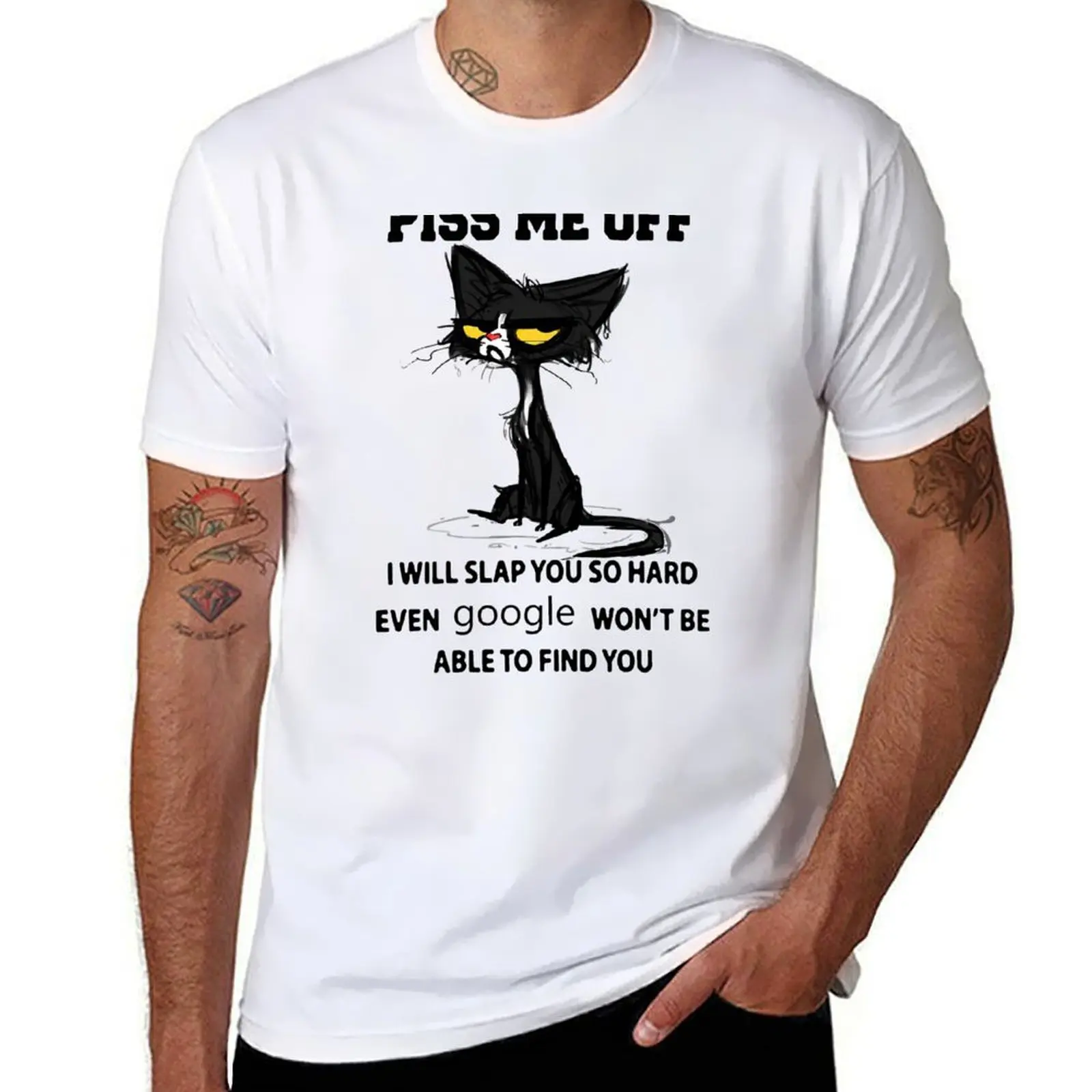 Black cat Piss me off i will slap you so hard even google won't be able to find you T-Shirt kawaii clothes men t shirt