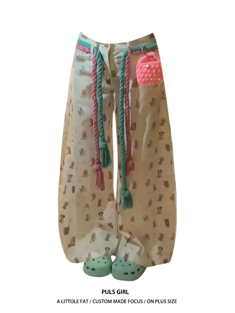 

plus Size American Cartoon Print Wide Leg Pants Women's Loose Casual Long Trousers Trendy High Waist Vintage Style
