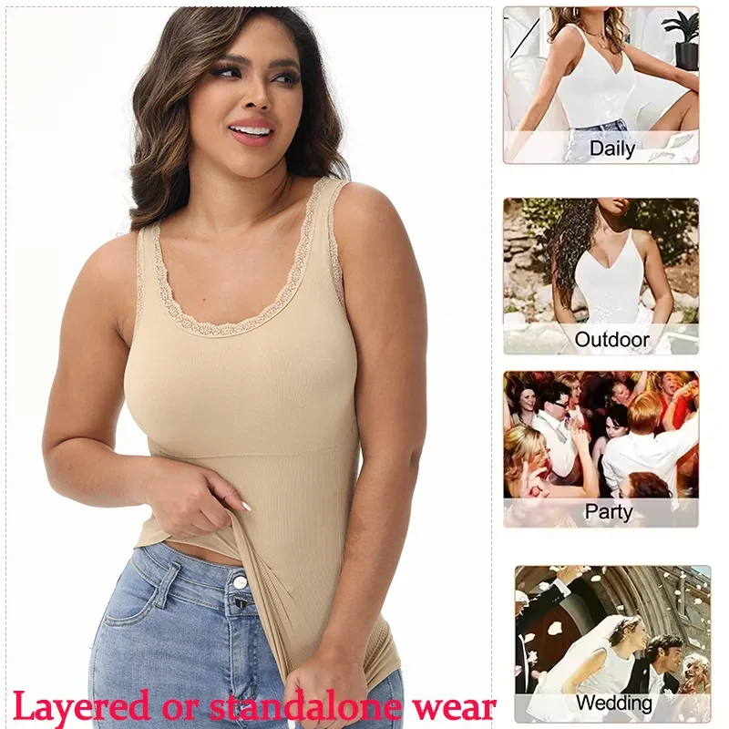 SLIMBELLE Vrouwen Compressie Tank Top Sexy Mouwloze Kanten Band Hemdje Vierkante Hals Vest Tummy Controle Push Up Lingere Corset