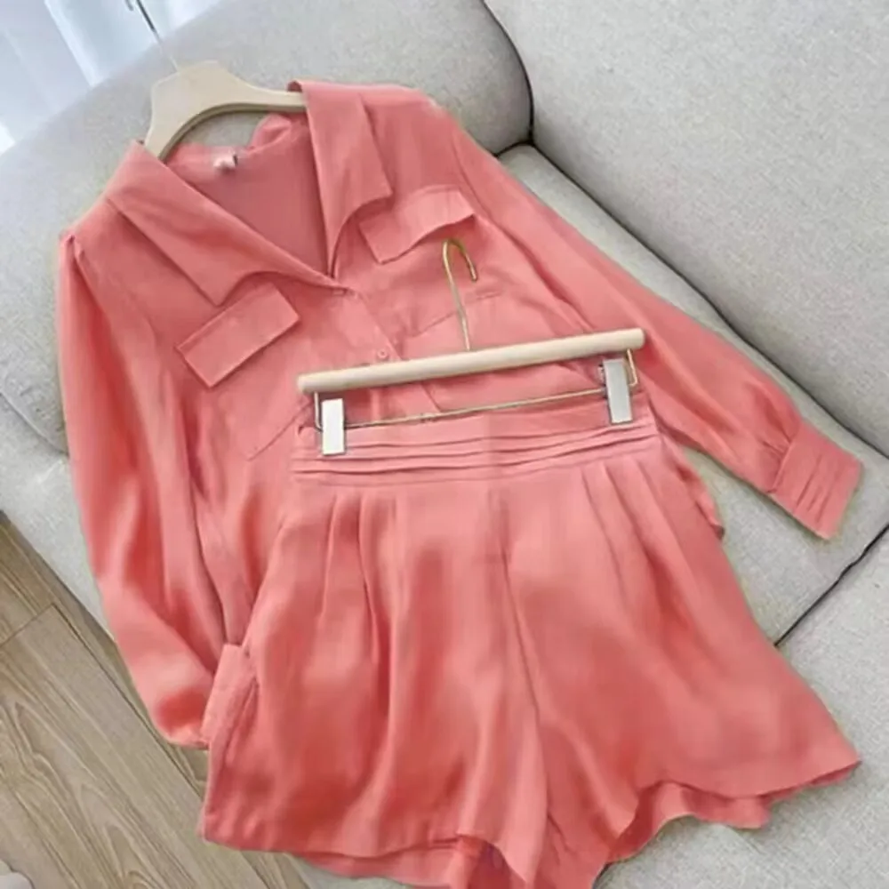 Fashion Long Sleeve Shirts And Shorts 2 Piece Sets Women 2024 Summer Casual Solid Pocket Tops Shorts Two Piece Sets For Women