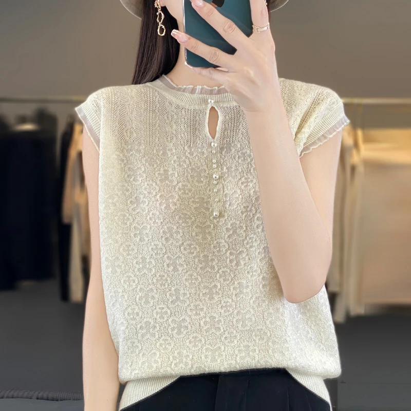 Elegant and versatile pure color pure wool T-shirt summer female Korean version of simple loose short-sleeved knit top.