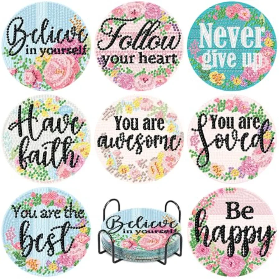 

8 PCS Diamond Art Coasters Kits, Inspirational Diamond Painting Coasters with Holder Set of 8, DIY Diamond Art Painting Unique