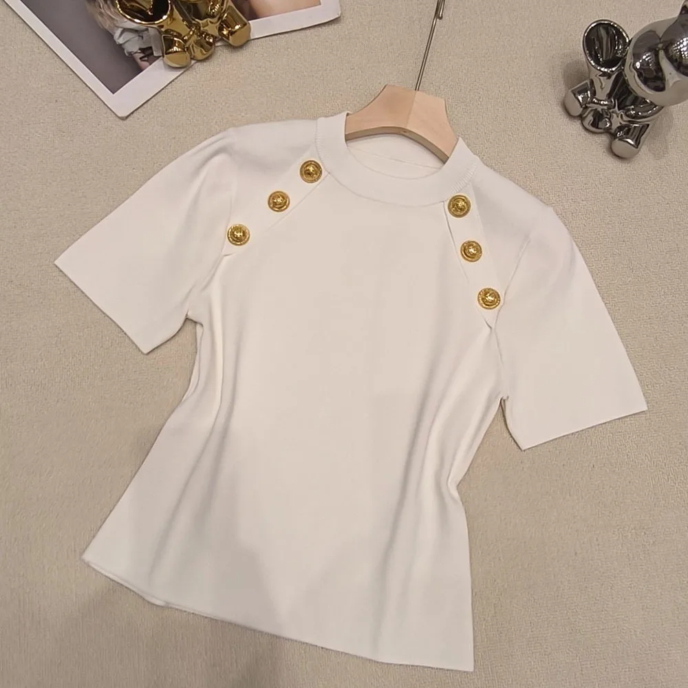 Basic All Match Lady Office 2024 Spring Summer Designed Buttons Round Collar Short Sleeve Women Pullover Slim Knits Shirts