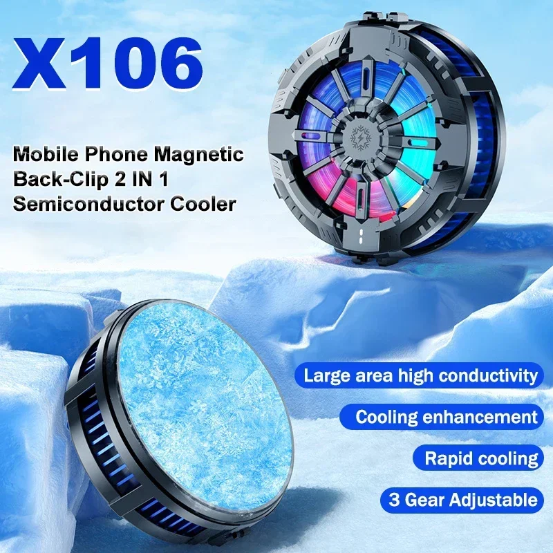 X106 Mobile Phone Cooler Semiconductor Cooling Fan Magnetic/Back-clip 2IN1 Radiator for IOS Android 3 Gears Adjustable Heat Sink