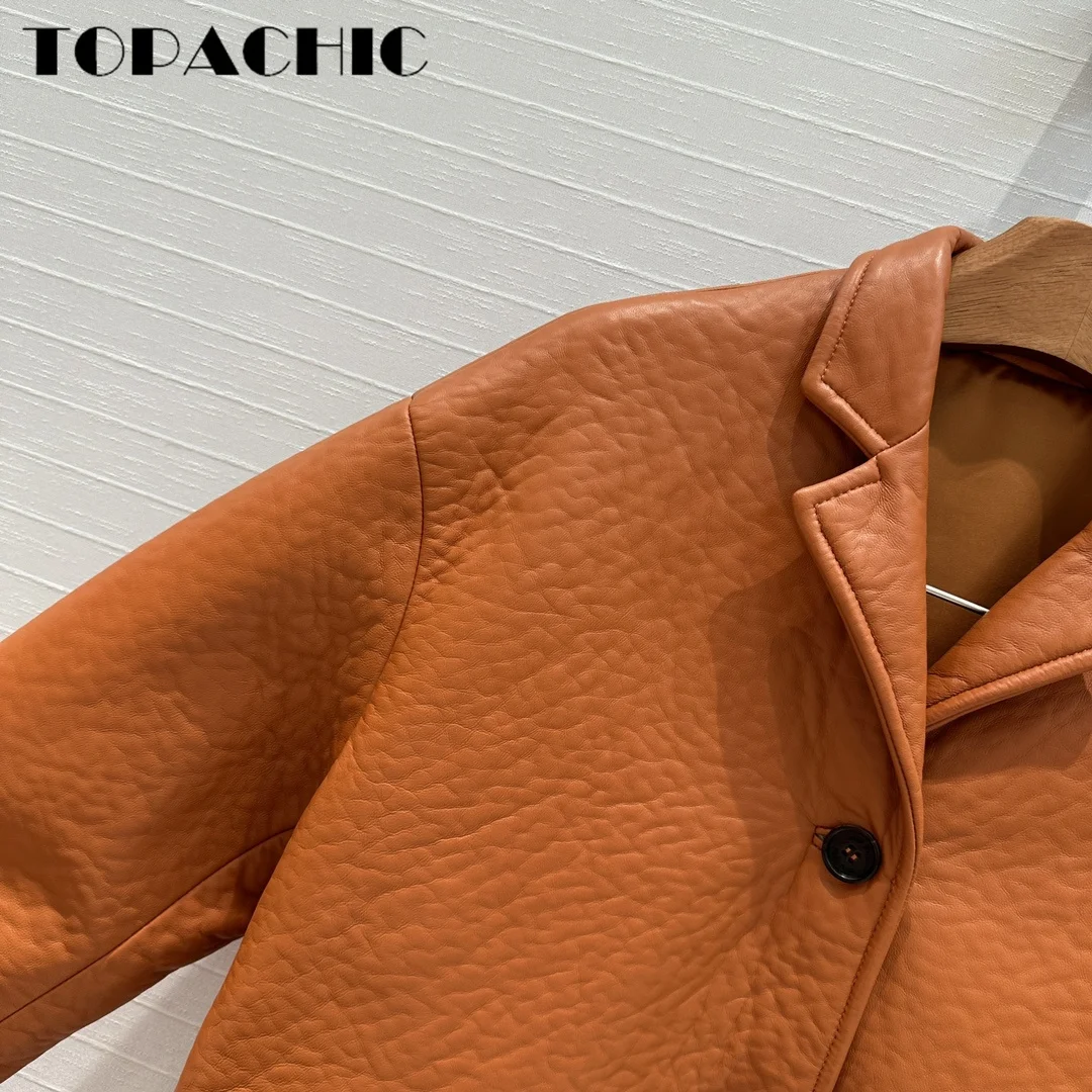 7.15 TOPACHIC-Women Street All-matches Single Breasted Lapel Jacket High Quality Sheepskin Spliced Knit Hem Loose Outerwear