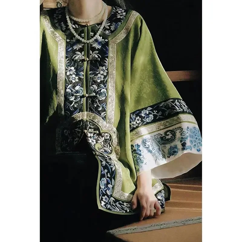 Chinese Traditional Green Round Neck Handmade Buttons Floral Printed Big Sleeve Tang Suit Top Women 2024 Vintage Party Shirt