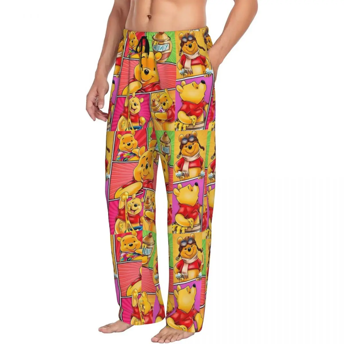 Custom Winnie The Pooh Pattern Pajama Pants Sleepwear for Men Elastic Waistband Cute Cartoon Sleep Lounge Bottoms with Pockets