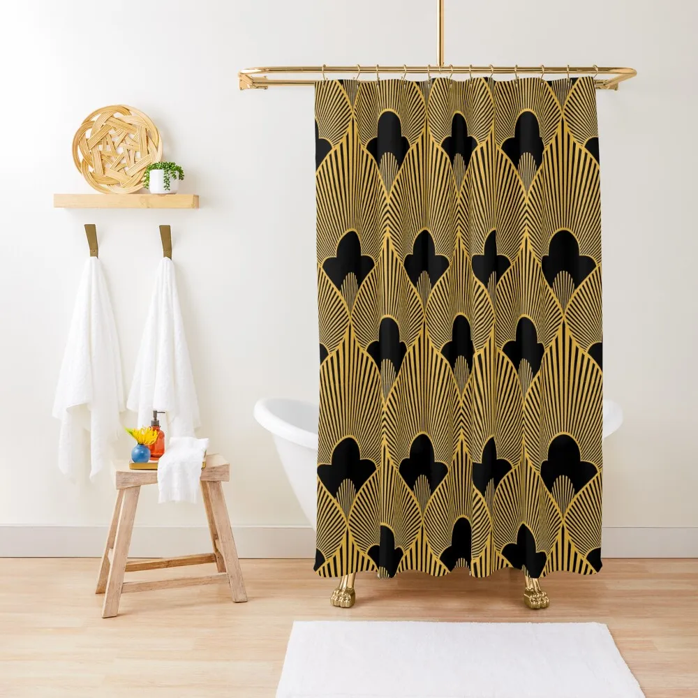 Art Deco Pattern in Gold-Hues and Jet Black Shower Curtain Bathroom Accessory For Bathroom Anime Shower Curtain