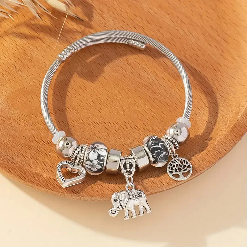 Cute Heart Tree Of Life Elephant Charm Bracelet Black Flower Glass Bead Twisted Cable Bangle For Girls Women