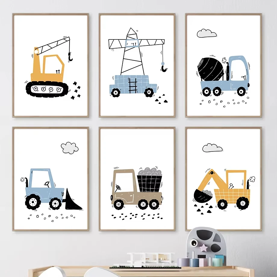 Transportation Trucks Nursery Wall Art Mural Excavator Canvas Painting Cartoon Poster Print Pictures Baby Kids Room Home Decor