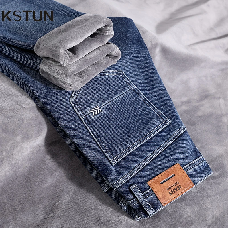 

KSTUN Флисовые джинсы Мужские зимние джинсы Синие брюки Slim Fit Теплые джинсы Утолщенные эластичные повседневные 2025 Новая мужская одежда Джинсовые брюки