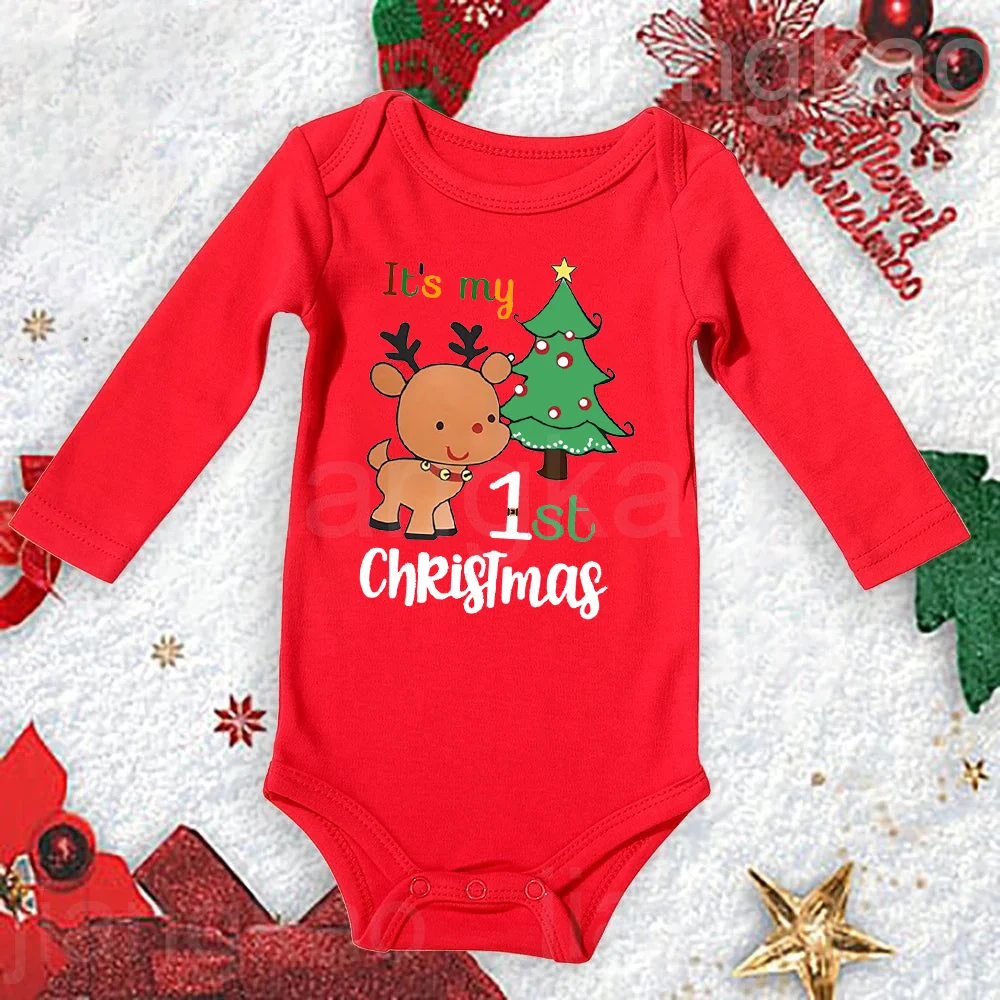 It's My 1st Christmas Baby Romper Deer Printed Infant Bodysuit Xmas Newborn Cotton Long Sleeve  Jumpsuit Toddler Baptism Clothes