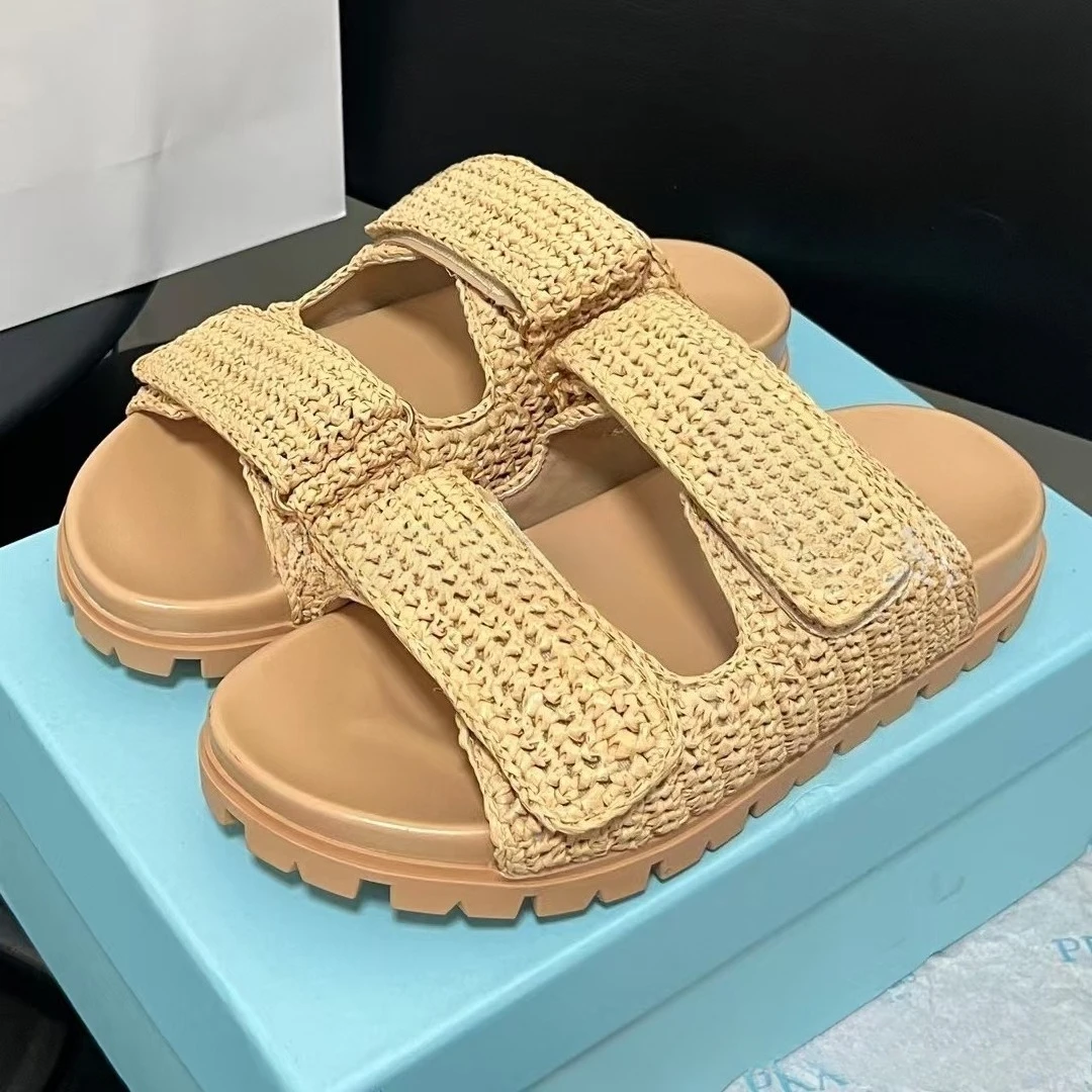

Women's Handmade Woven Triangle Buckle Sandals, Embroidered Letter Flat Slides, Fashion Casual Slippers. Fast & Free Delivery