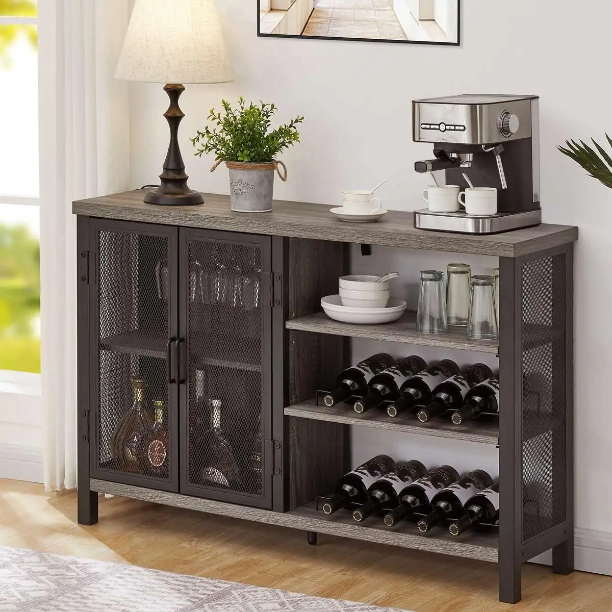 BON AGURE-Armário industrial Home Bar com cremalheira do vinho, Armário de bebidas rústicas para casa, Coffee Bar Cabinet com armazenamento