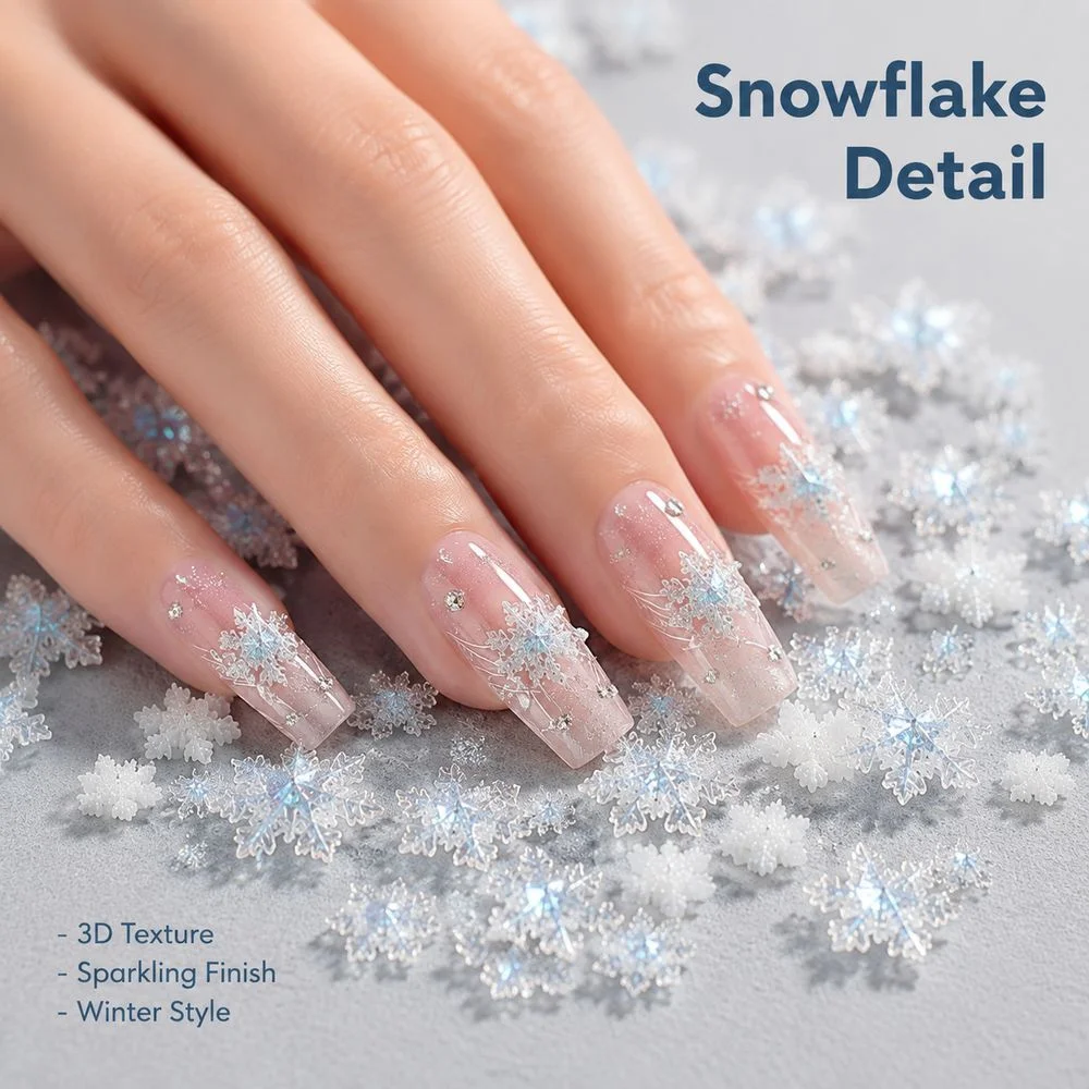 50Pcs Christmas 3D Snowflake Nail Charms Mixed Sizes Resin Ornaments For Xmas Festival DIY Manicure Nail Embellishment Supplies