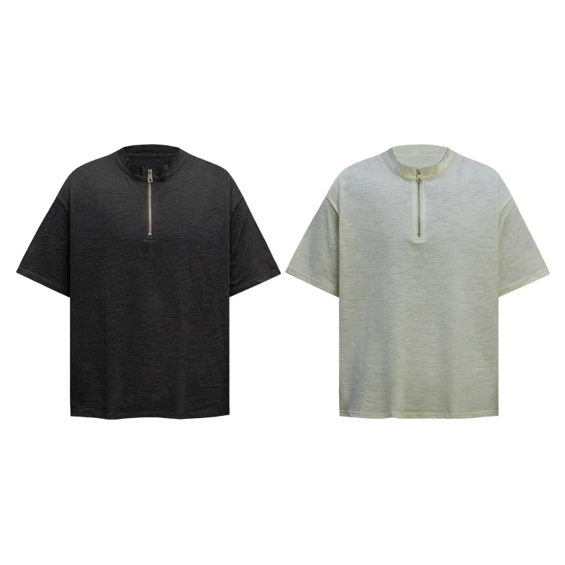 

Pure Cotton Mens T-shirts Half Zipper Punk Gothic Tees Y2k Streetwear Summer New Couple Casual O-neck Short Sleeve Tops Tees Man