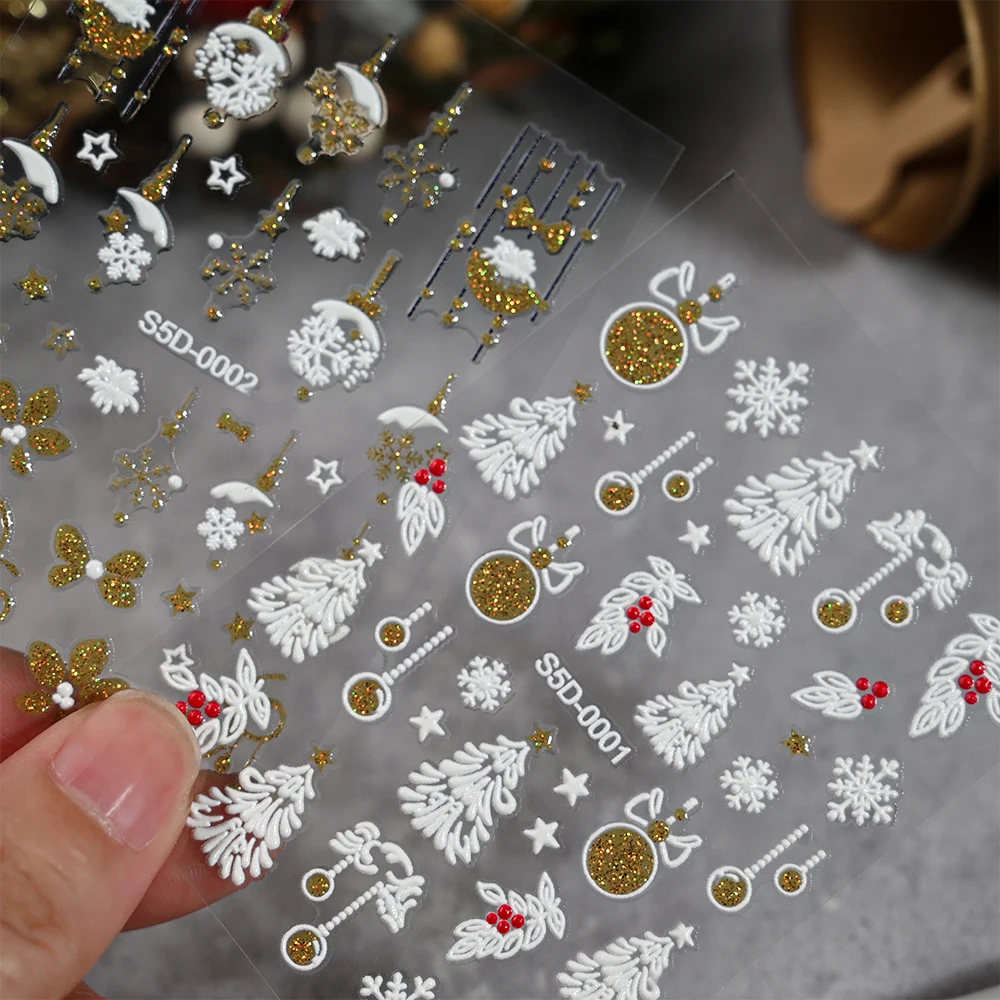 2 pièces or et argent lampe boule noël ongles autocollants 3D en relief arbre de noël flocons de neige arcs ongles décalcomanies manucure Nail Art fournitures
