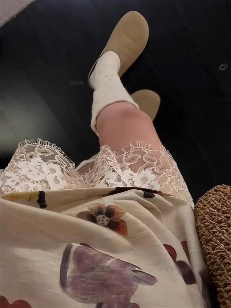 Zomer antireflecterende rok met kanten splitsen en acetaat, elastische taille, Hot Girl A-lijn korte rok