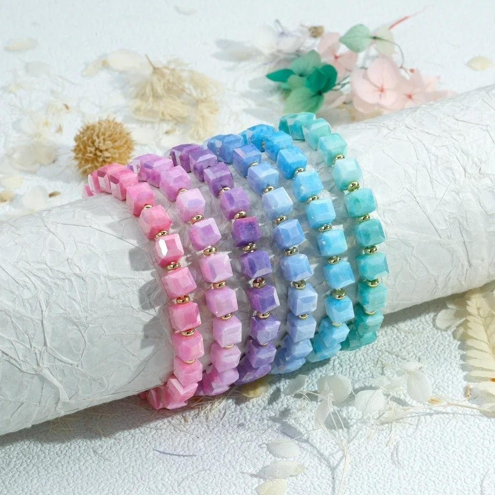 Simple Elegant Small Sugar Cubes Bracelets Sweet Dopamine Crystal Glass Chain Beaded Glossy Colorful Hand Chains Girls