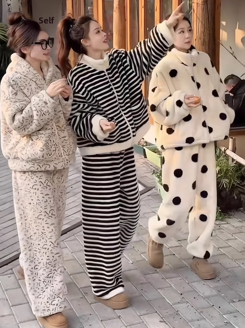 

Thick Coral Fleece Pajamas Women's Set Winter Home Clothes Warm Lazy Style Two-Piece Long Sleeve High Collar Half Zipper