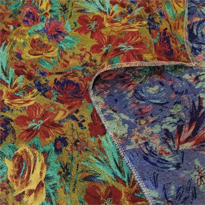 Oil painting style abstract flower jacquard fabric dress beautiful women's shoes and bags