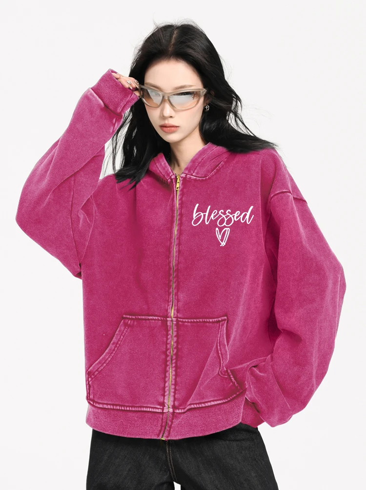 Blessed Love Letter Graphic Washed Zipper Hooded Woman Fashion Casual Hoodies Loose Hoody  Multicolor Autumn Street Cotton Top