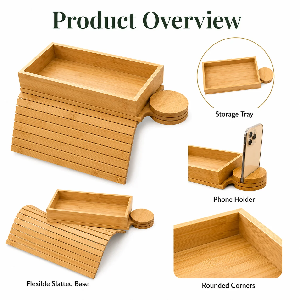 QA Bamboo Sofa Arm Tray with 360° Rotating Phone Holder, Space Saving Couch Arm Table for Snacks Drinks Remote Storage Home Orga