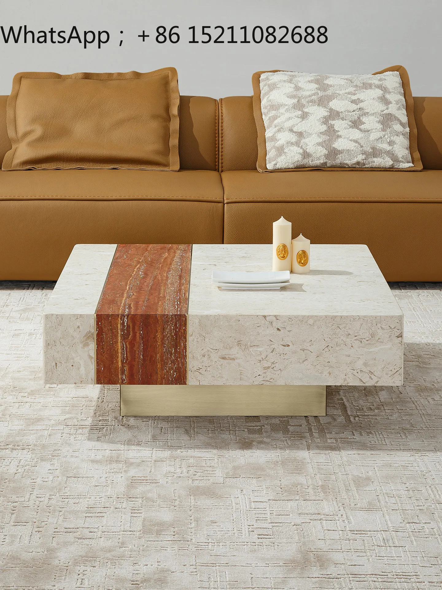 LLY pure natural travertine coffee table living room light luxury square small apartment minimalist marble coffee table