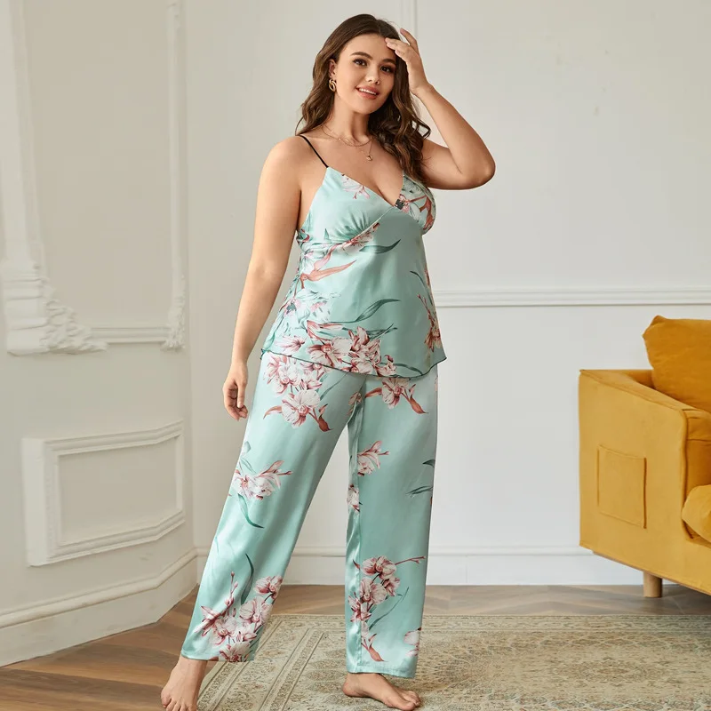 

Sexy Print Flower Suspender Pyjama Trouser Suits Plus Size 5XL Pajamas for Women Summer Silk Satin Sleepwear Loose Home Wear