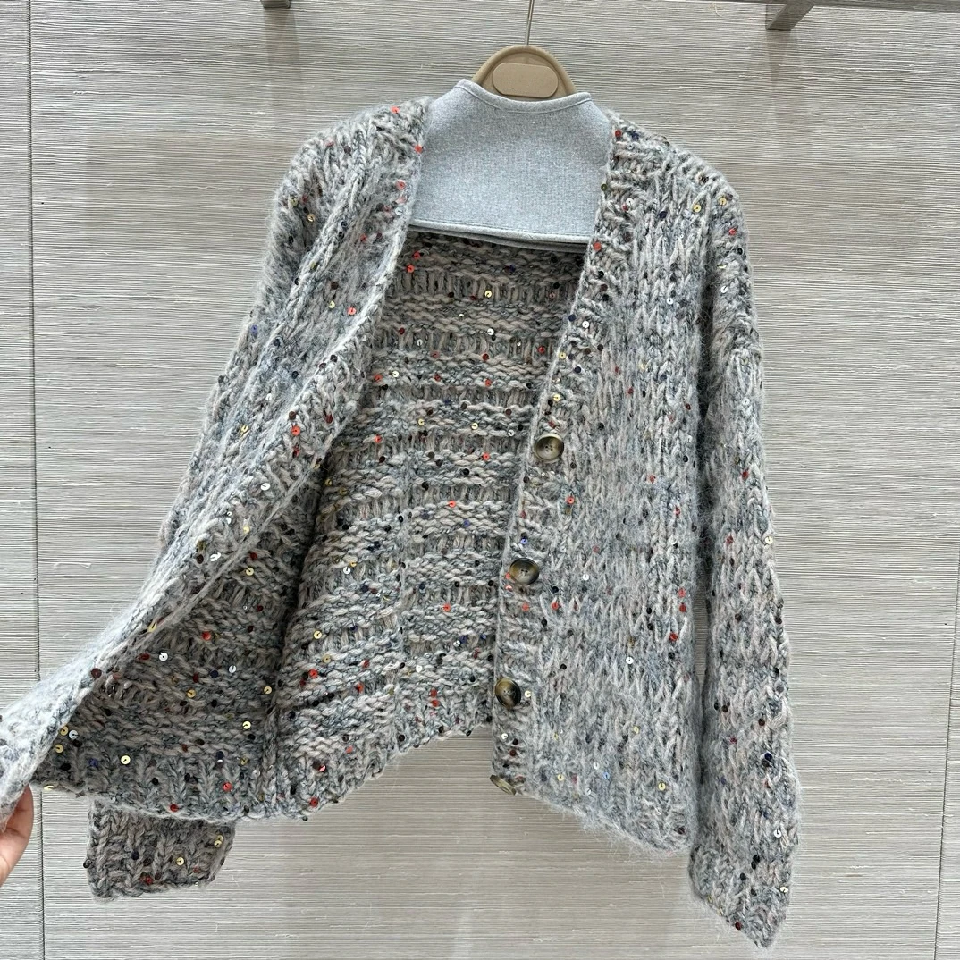 Loose autumn winter luxurious V-neck single breasted wool cardigan