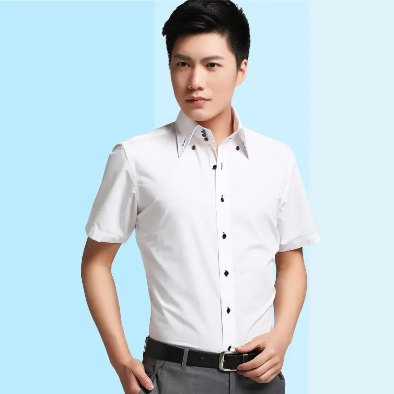 Men\'s Short Sleeve Shirt Button-down Collared Summer Formal Business Dress Shirts Slim Fit Korean Fashion Casual Classic Black