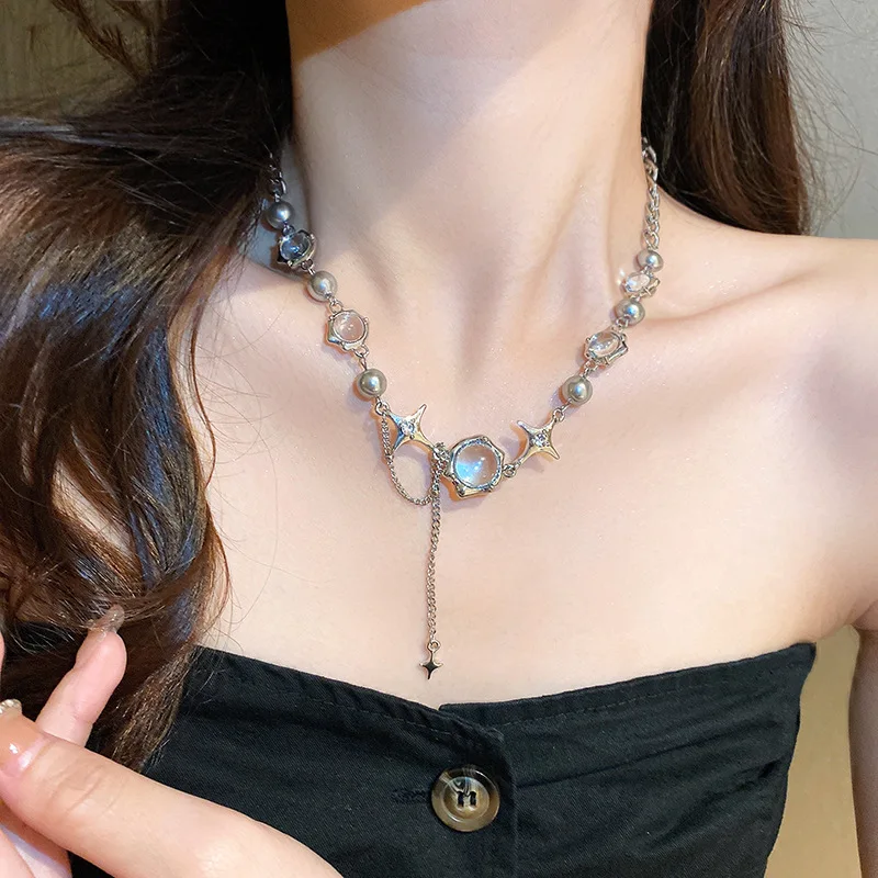 Funkelnde Mondlicht-Stein-Anhänger-Halskette für Frauen, Sternenlicht, unregelmäßige lange Quastenkette, Halsreifen, Accessoires, Modeschmuck – Detail 14