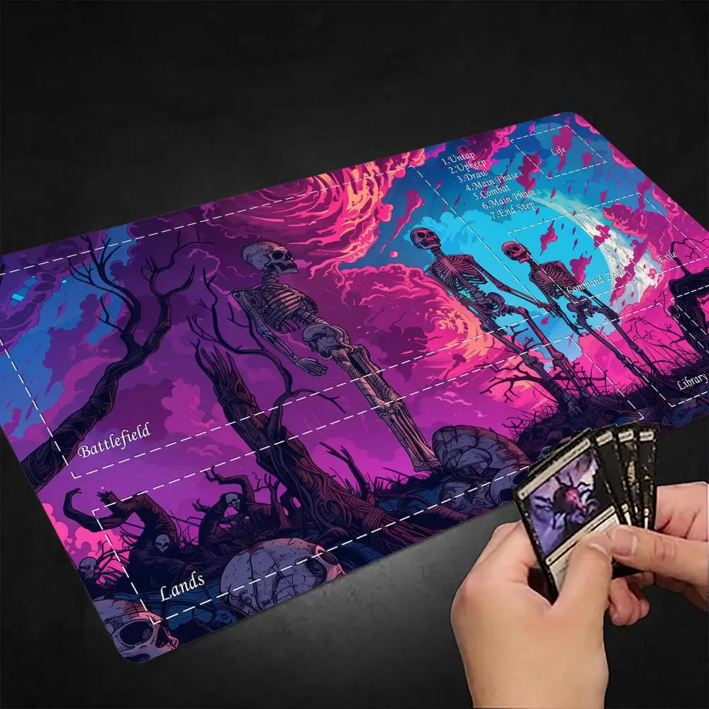 

Игровой коврик Fantasy Neon Skull Wasteland MTG для карточных игр Magic, с прошитыми краями, нескользящий, прочный, для настольных игр и TCG