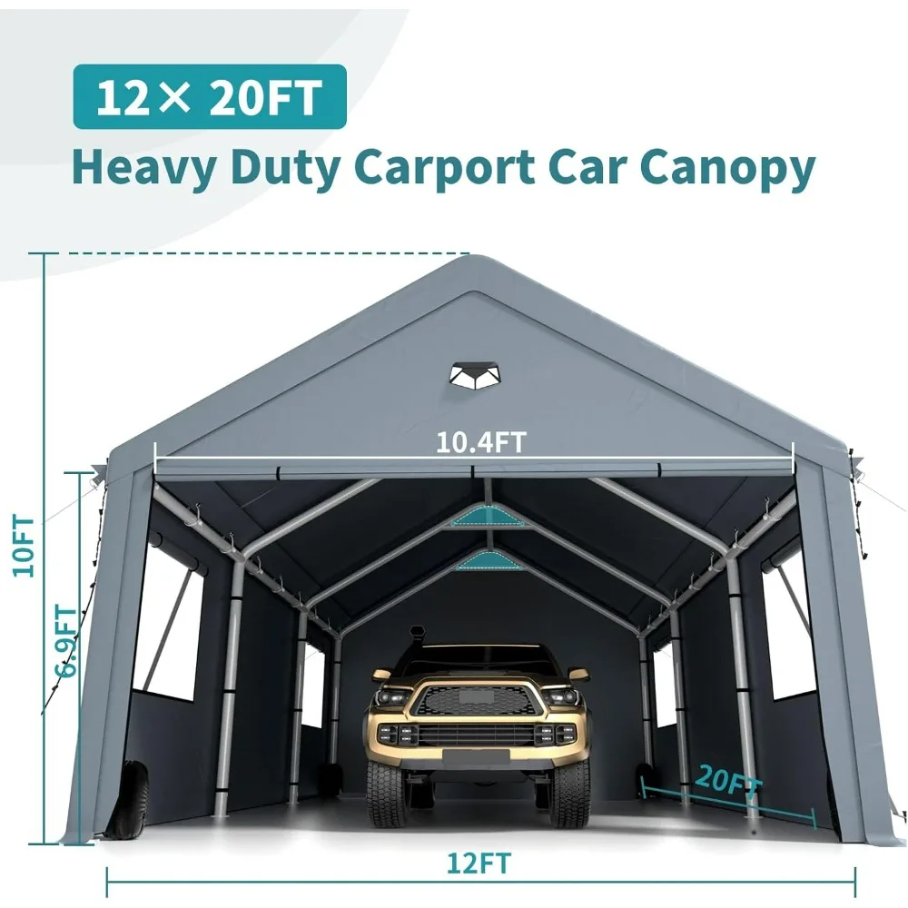 12x20FT Heavy Duty Carport Canopy,Extra Large Portable Car Tent Garage with Roll-up Windows and All-Season Tarp Cover,